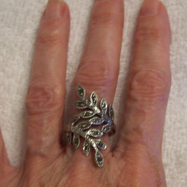 Sterling Silver and Marcasite Ring with "Leaves" Pattern