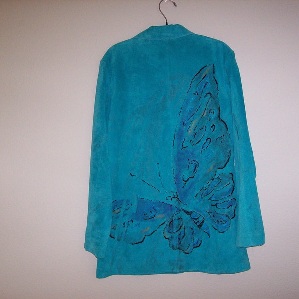 Never Been Worn--Chico's Vintage Leather Aqua Blue Butterfly Jacket--Excellent Condition