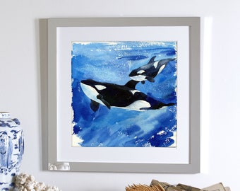 Katina and Unna / Orca Killer Whale Mother & Baby / Ocean Whales Art print, Coastal Watercolor Painting, Home Wall decor, Gift for her 8x8