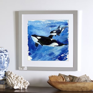 Katina and Unna / Orca Killer Whale Mother & Baby / Ocean Whales Art print, Coastal Watercolor Painting, Home Wall decor, Gift for her 8x8 image 1