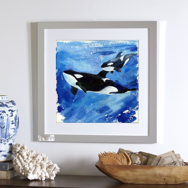 Katina and Unna / Orca Killer Whale Mother & Baby / Ocean Whales Art print, Coastal Watercolor Painting, Home Wall decor, Gift for her 8x8
