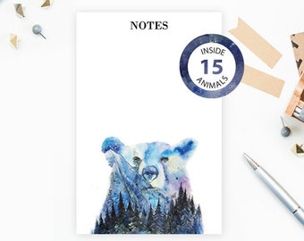 PNW Animals Note Pad, Mountains Forest Lake Watercolor Art Painting, Cool Notepad Stationery, Gifts under 15