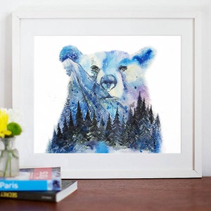 Aurora Bear Northern Lights Spirit Animal Watercolor Art print, Mama Bear Watercolour Painting, Bear Lovers Gift, Black Bear Portrait Print