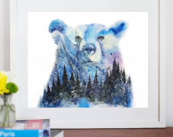 Aurora Bear Northern Lights Spirit Animal aquarel Art print, Mama Bear aquarel, Bear Lovers Gift, Black Bear Portrait Print