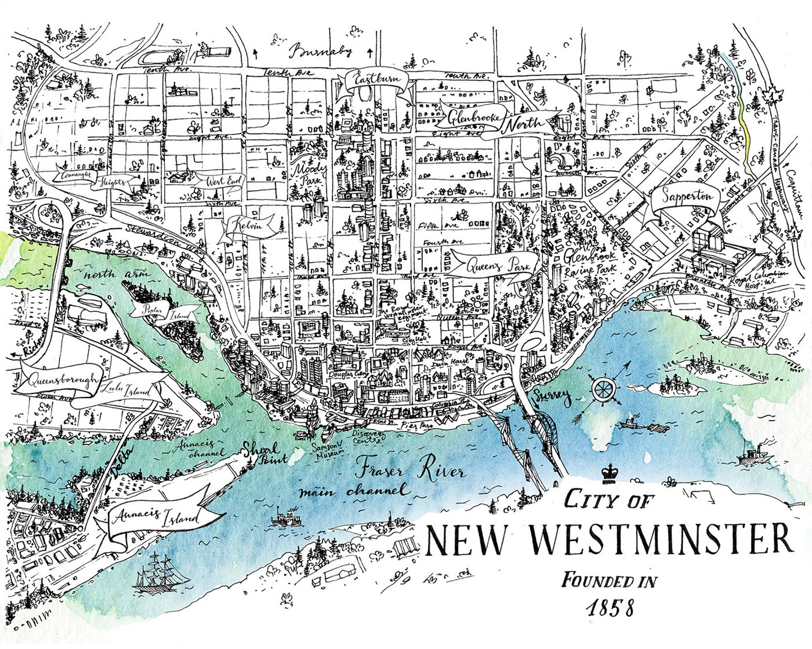 New Westminster Map Metro Vancouver British Columbia Canada Etsy Canada