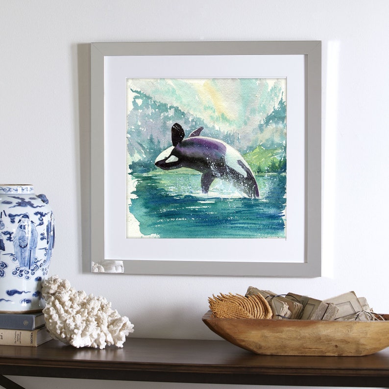 Orca Killer Whale Art, Ocean & Forest Spirit Animal Art print, Coastal Watercolor Painting, PNW Orca Watercolour Print image 1