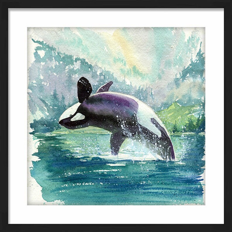Orca Killer Whale Art, Ocean & Forest Spirit Animal Art print, Coastal Watercolor Painting, PNW Orca Watercolour Print image 2