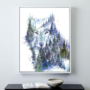 Young Wolf Spirit Animal Watercolor Art print, Cool Wolf Portrait Watercolour painting, Wolf lovers gift, Gift for him image 4