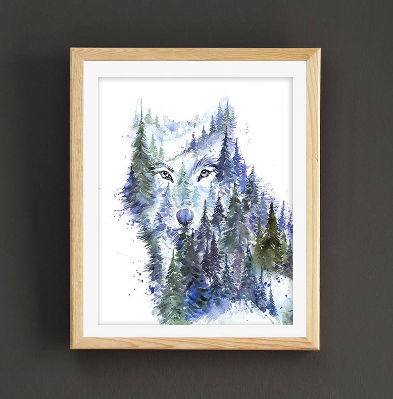 Young Wolf Spirit Animal Watercolor Art print, Cool Wolf Portrait Watercolour painting, Wolf lovers gift, Gift for him image 7