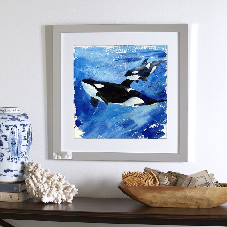 Katina and Unna / Orca Killer Whale Mother & Baby / Ocean Whales Art print, Coastal Watercolor Painting, Home Wall decor, Gift for her 8x8 image 1