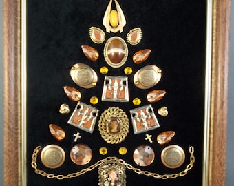 Copper and gold vintage jewelry Christmas tree framed picture