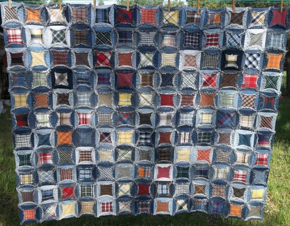 Cathedral window upcycled jeans denim quilt, faux chenille seams 