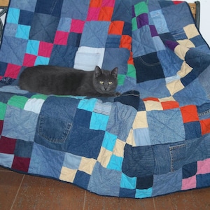 repurposed blue jeans quilt, colorful jeans paths, generous twin size