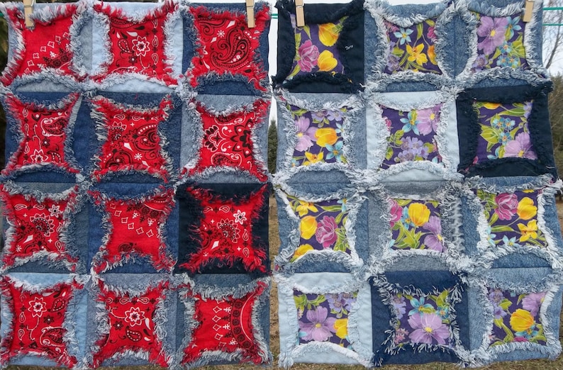 Up Cycled Jeans Doll Quilt Dresser Scarf Mock Cathedral Image 0