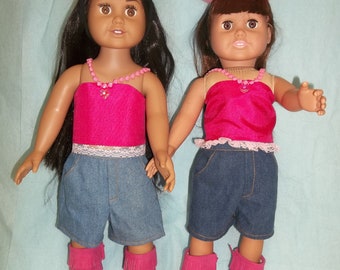 Pink lace and denim cowgirl outfit for 18 inch dolls like American Girl; denim shorts, pink top with lace and beads, pink hat, fringed boots