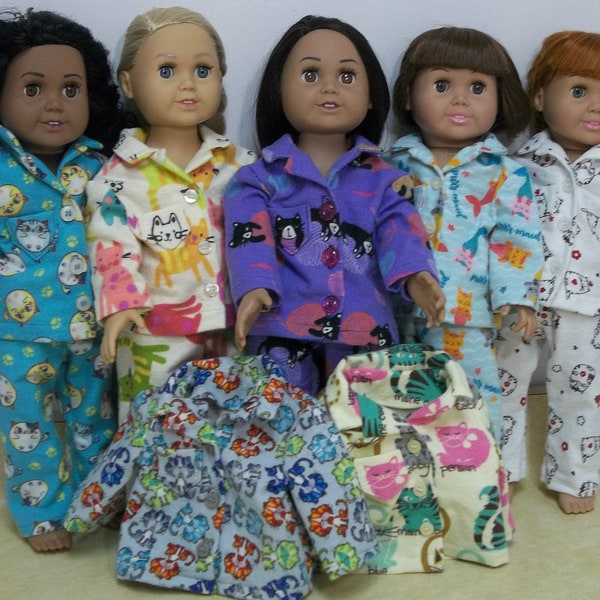 Kitten print pajamas for 18 inch dolls like American Girl; choose from 7 flannel prints; ready to ship FREE in the USA; two piece doll pj's