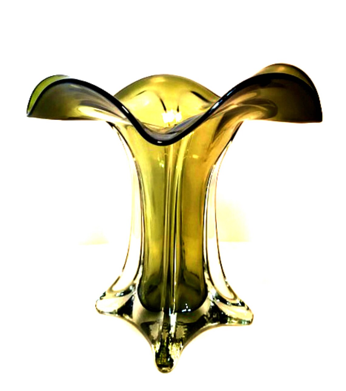 Cased Art Glass Green Vase Hand Blown Ruffle Top 7.5 Etsy