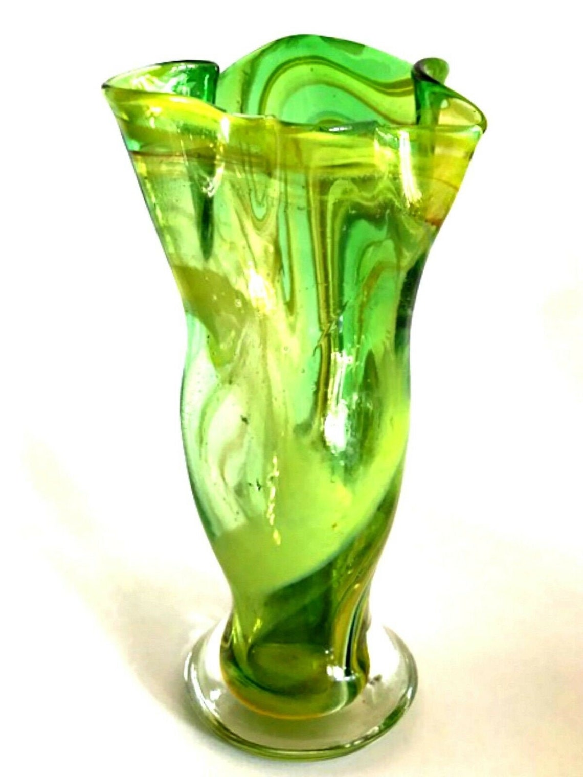 Art Glass Vintage Flower Vase Green Freeform Swirl Ruffled Top 8 Tall
