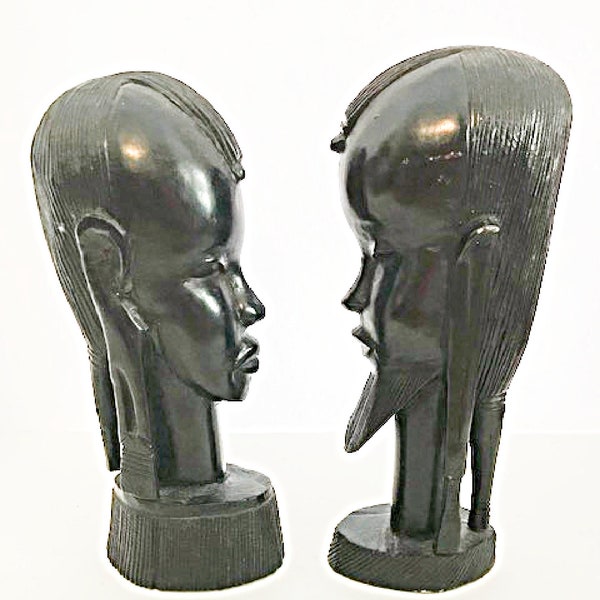 Ebony Wooden Bookends Vintage Hand Carved African Tribal Sculptures Heavy 9.5" Tall
