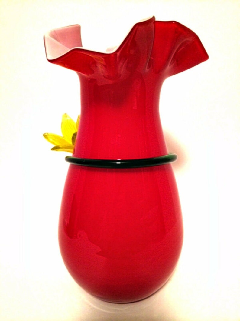 Red Art Glass Vase With Ruffle Top Applied Stem Yellow Etsy
