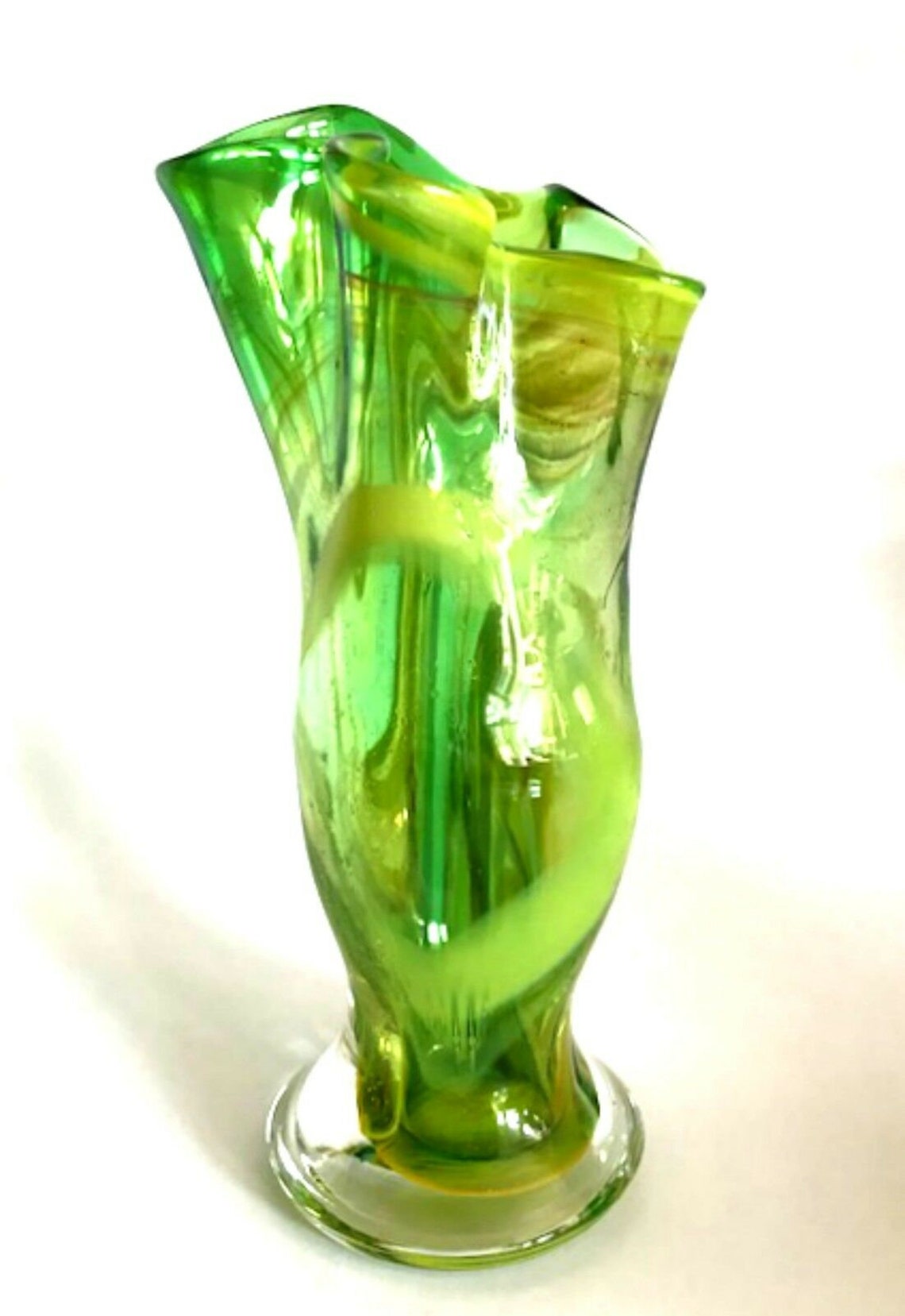 Art Glass Vintage Flower Vase Green Freeform Swirl Ruffled Top 8 Tall