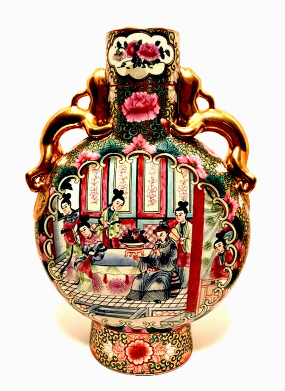Asian Porcelain Vase Gold Gilt Gecko Lizard Handles Vintage 14 Etsy