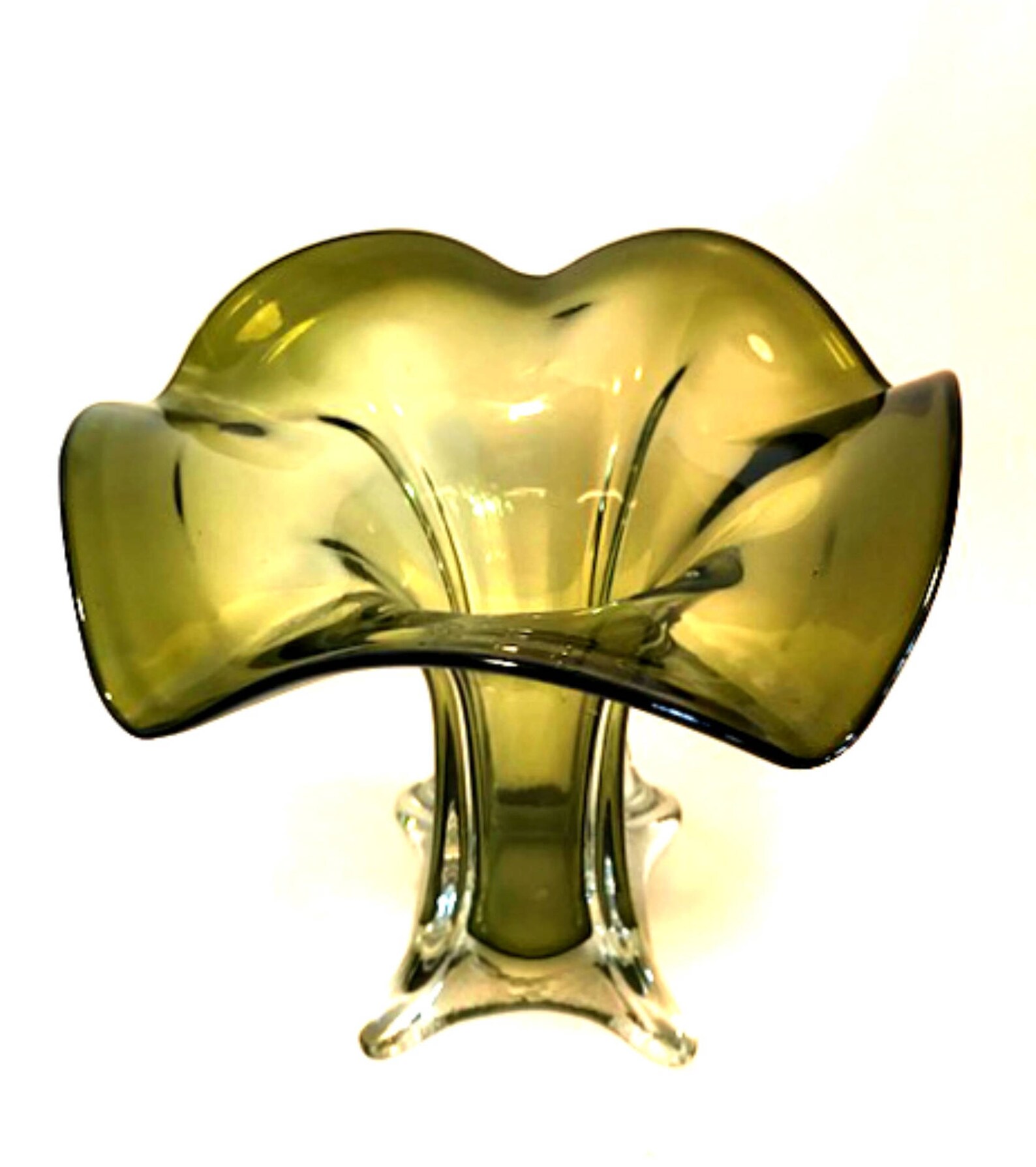 Cased Art Glass Green Vase Hand Blown Ruffle Top 7.5 Tall Etsy