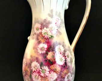 Vintage Ucagco Ceramics Pitcher JAPAN Hand Painted Floral Gold Trim 10" Tall
