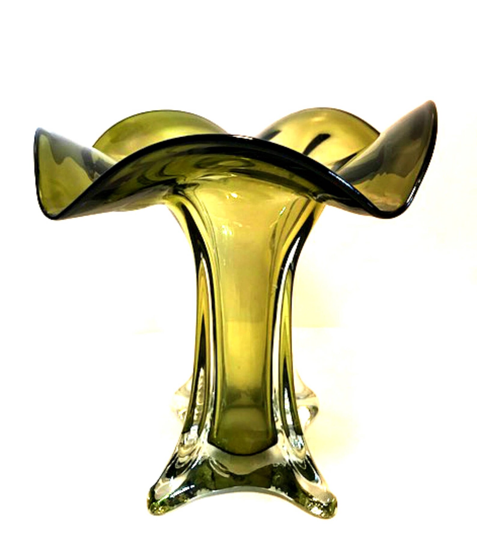 Cased Art Glass Green Vase Hand Blown Ruffle Top 7.5 Tall Etsy