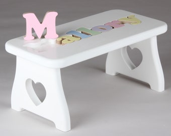 Name Puzzle Stool - WHITE FINISH - Puzzle Step Stool, First Birthday Gift, Baby Keepsake, Baby Shower, Personalized, Baby Valentine Gift