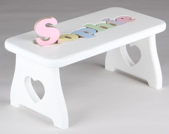 Name Puzzle Stool - WHITE FINISH - Puzzle Step Stool, First Birthday Gift, Baby Keepsake, Baby Shower, Personalized, Baby Gift, Step Stool