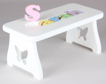Name Puzzle Stool - WHITE FINISH - Butterfly Step Stool, First Birthday, Personalized Baby Keepsake, Baby Shower, Christening, Puzzle