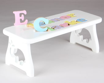 Two-Name Puzzle Bench - WHITE finish - First Birthday, Toddler Stool, Baby Shower, Educational Gift, Christening, Personalized Baby Gift