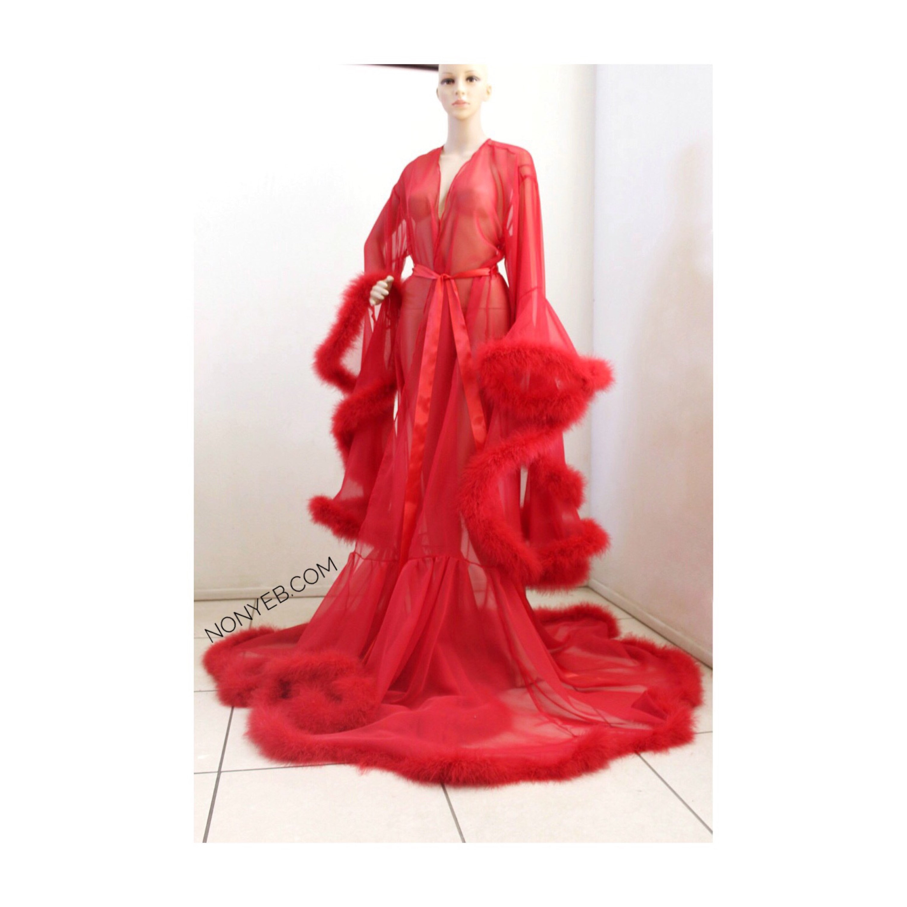 Luxury Sheer Fur Robe Lingerie Cherry Red. Feather trim robe Etsy