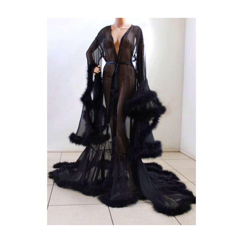 Black With Ties Luxury Bridal Lingerie Feather Wedding Sheer Jet Satin Fur Robe Trimmed N8mn0wv