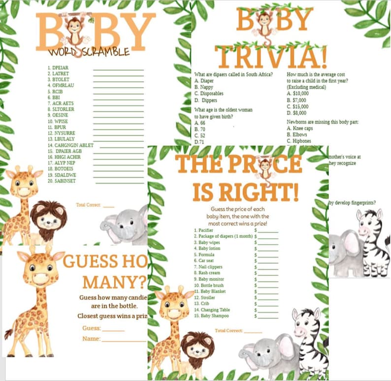 Safari Baby Shower Games Printable Template Bundle Etsy