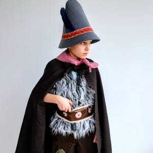 May include: A costume featuring a grey pointed hat with a feather, a dark brown cape, a red and white checkered neckerchief, a grey faux fur vest, a brown belt with circular accents, brown trousers with patches, and beige leg warmers with red ties.
