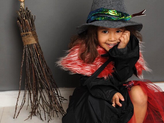 23GUANYI Vestito Strega Bambina Costume Halloween, Costume Strega Bambina con Gonna Tutù Luminosa Scopa e Cappello Vestiti Halloween Bambino per Carnevale Travestimenti Cosplay Festa