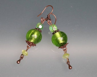 THE GREENERY  vintage assemblage earrings - Italian silverfoil glass, vintage faceted crystals, red copper findings, green aurora borealis
