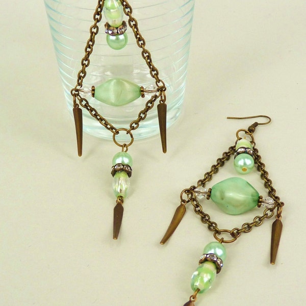 BERMUDA TRIANGLE vintage assemblage earrings  - vintage mintgreen plastic oval beads, Italian glass, vintage glass pearls, Czech crystals,