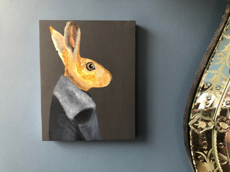 Anthropomorphic Oil Painting on Board Harold Hare with Fur Collar