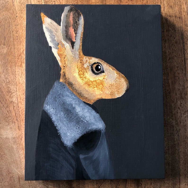Anthropomorphic Oil Painting on Board Harold Hare with Fur Collar