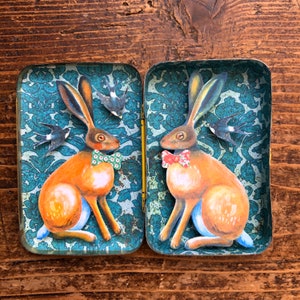 Vintage Dunlop Tin with two Dapper Hares in Bow Ties image 1