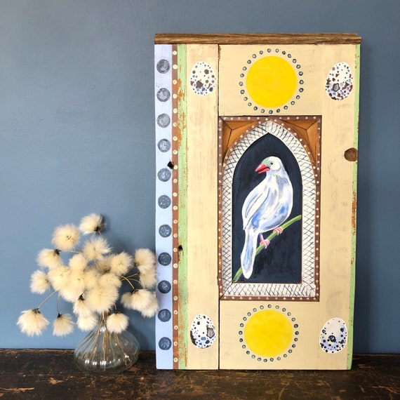 Dove Painting with Quail Eggs on an Antique Pine Cupboard Door