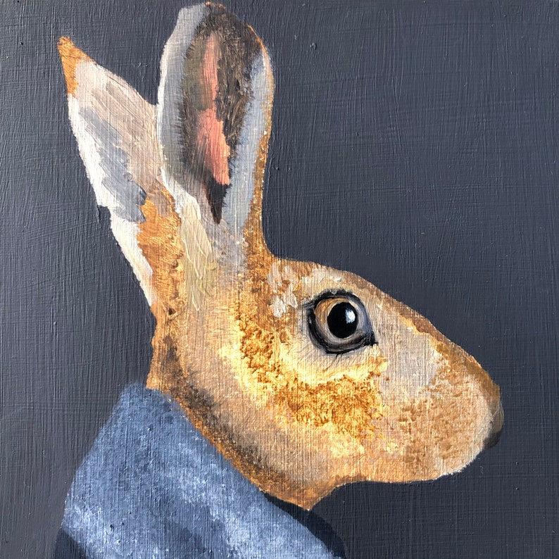Anthropomorphic Oil Painting on Board Harold Hare with Fur Collar
