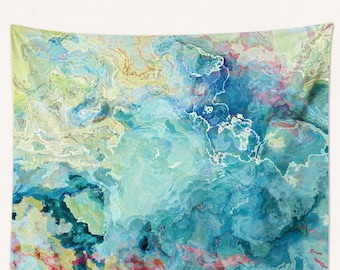 Abstract Art Tapestry: Large Modern Wall Hanging - Cool Cucumber in Blue, Aqua and Cream