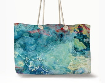 Oversized Rope Handle Tote Bag with Abstract Art, Large Vacation Lined Beach Bag, Big Weekend Utility Flat Bottom Tote, Cool Cucumber