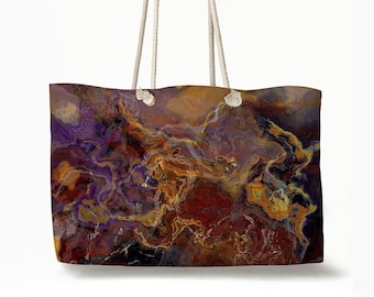 Oversized Rope Handle Tote Bag with Abstract Art, Large Vacation Lined Beach Bag, Big Weekend Utility Flat Bottom Tote, Riveted