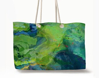 Oversized Rope Handle Tote Bag with Abstract Art, Large Vacation Lined Beach Bag, Big Weekend Utility Flat Bottom Tote, Contemplation