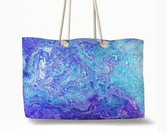 Oversized Rope Handle Tote Bag with Abstract Art, Large Vacation Lined Beach Bag, Big Weekend Utility Flat Bottom Tote, Blue Movement